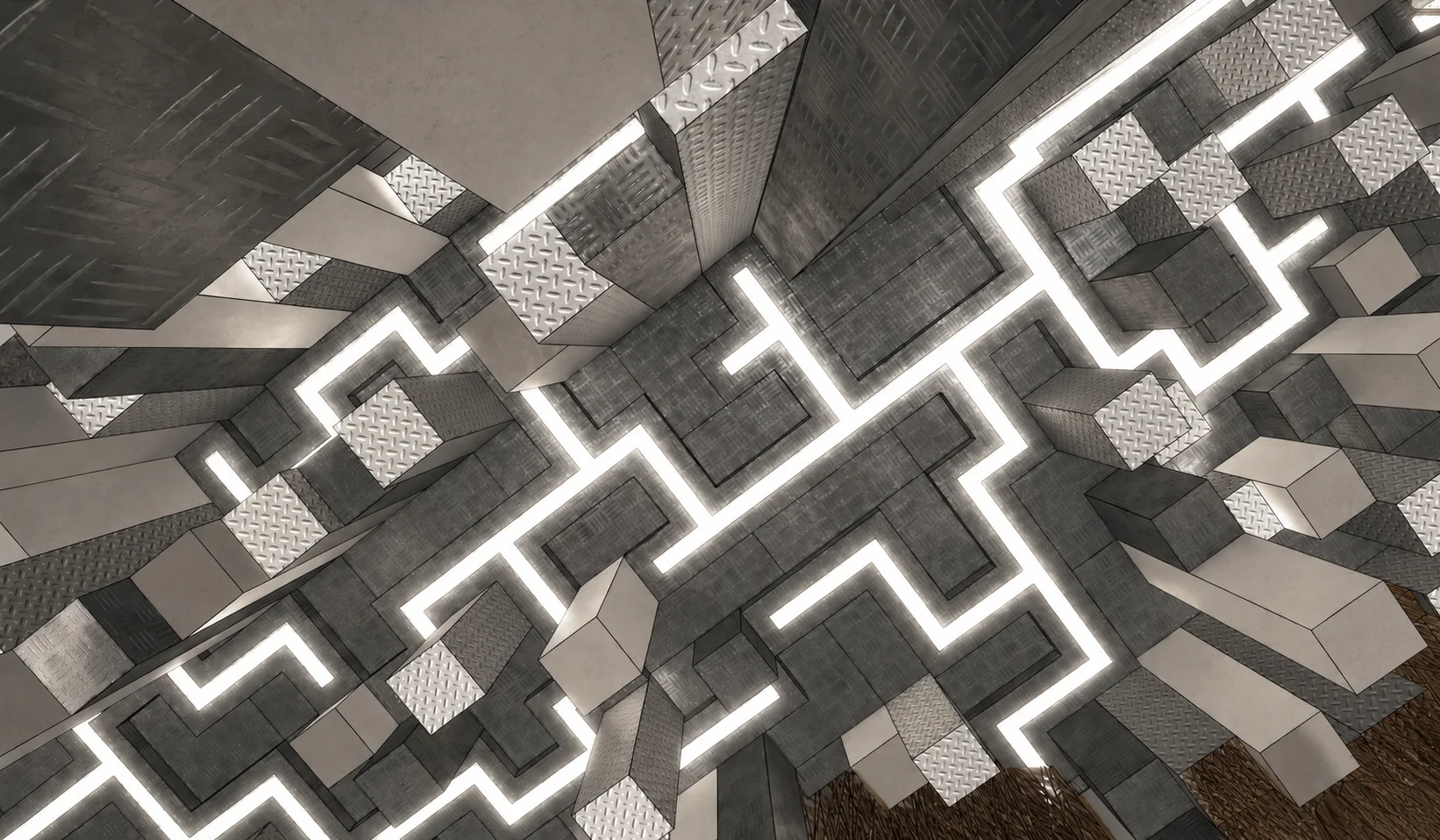 Alpaka ceiling with angular luminous lines and suspended metallic elements