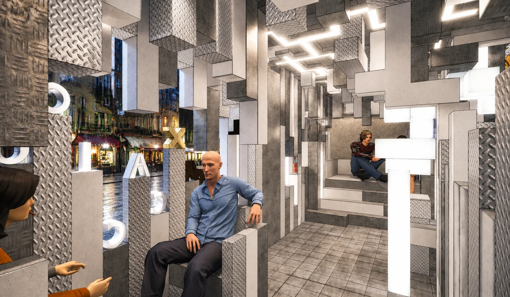 Alpaka zone with suspended metallic rectangular volumes, illuminated displays and seating