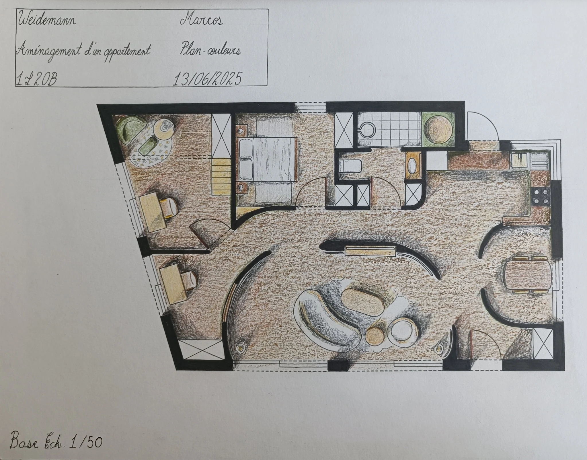 Hand-coloured floor plan of an apartment interior