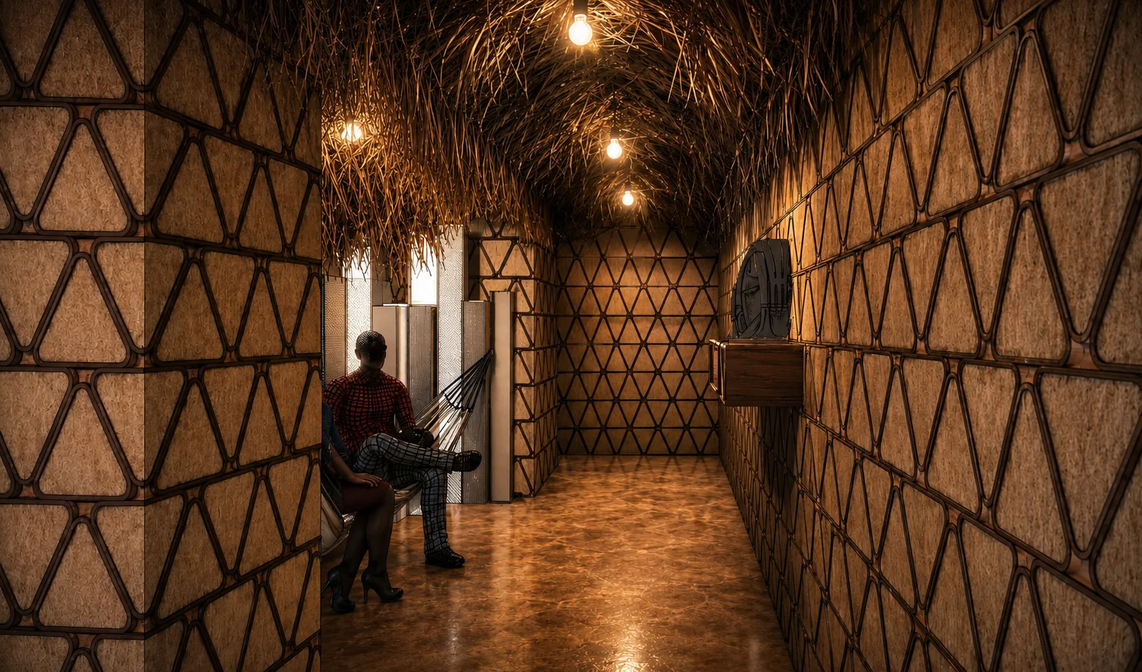 Warm Cacique zone with straw ceiling, patterned walls and amber floor