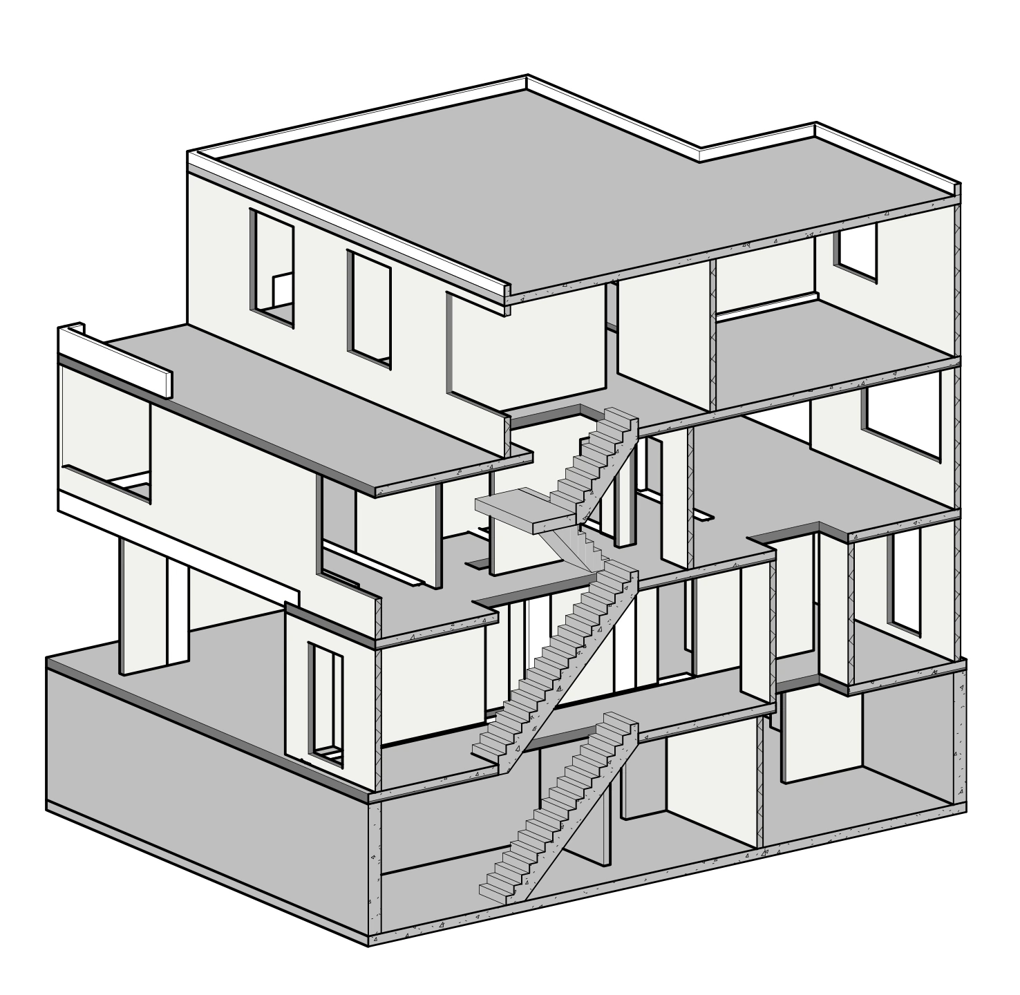 Axonometric cutaway of a multistorey concrete building BIM model