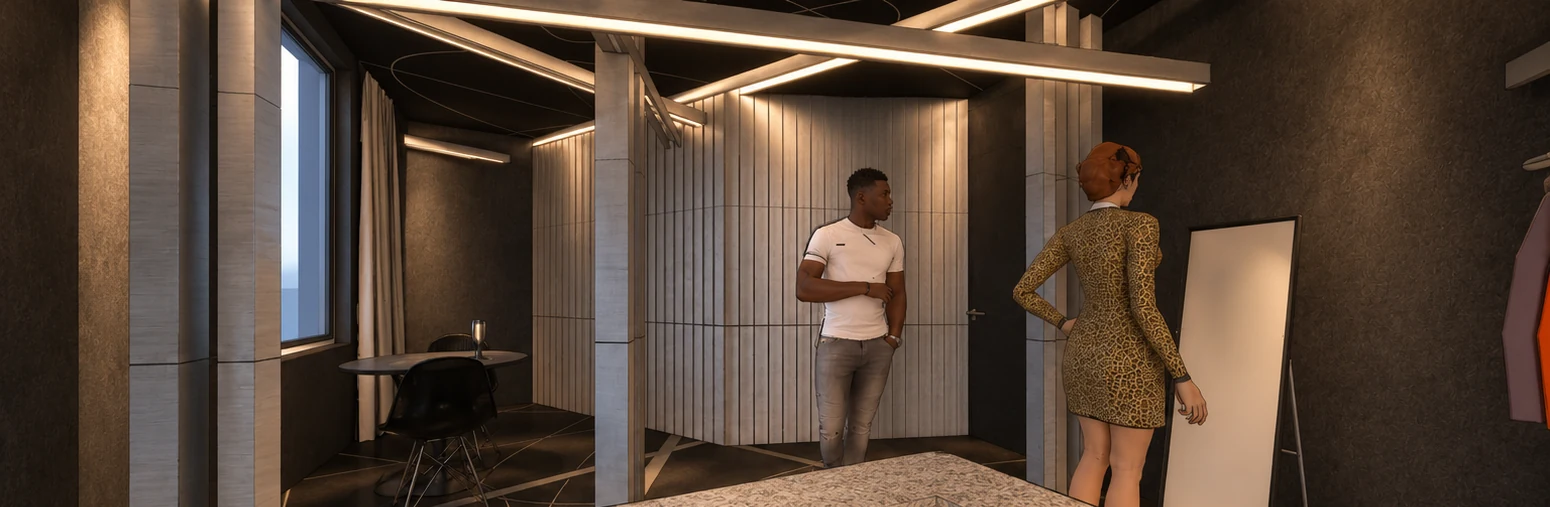 Contemporary interior with geometric lighting and partitions