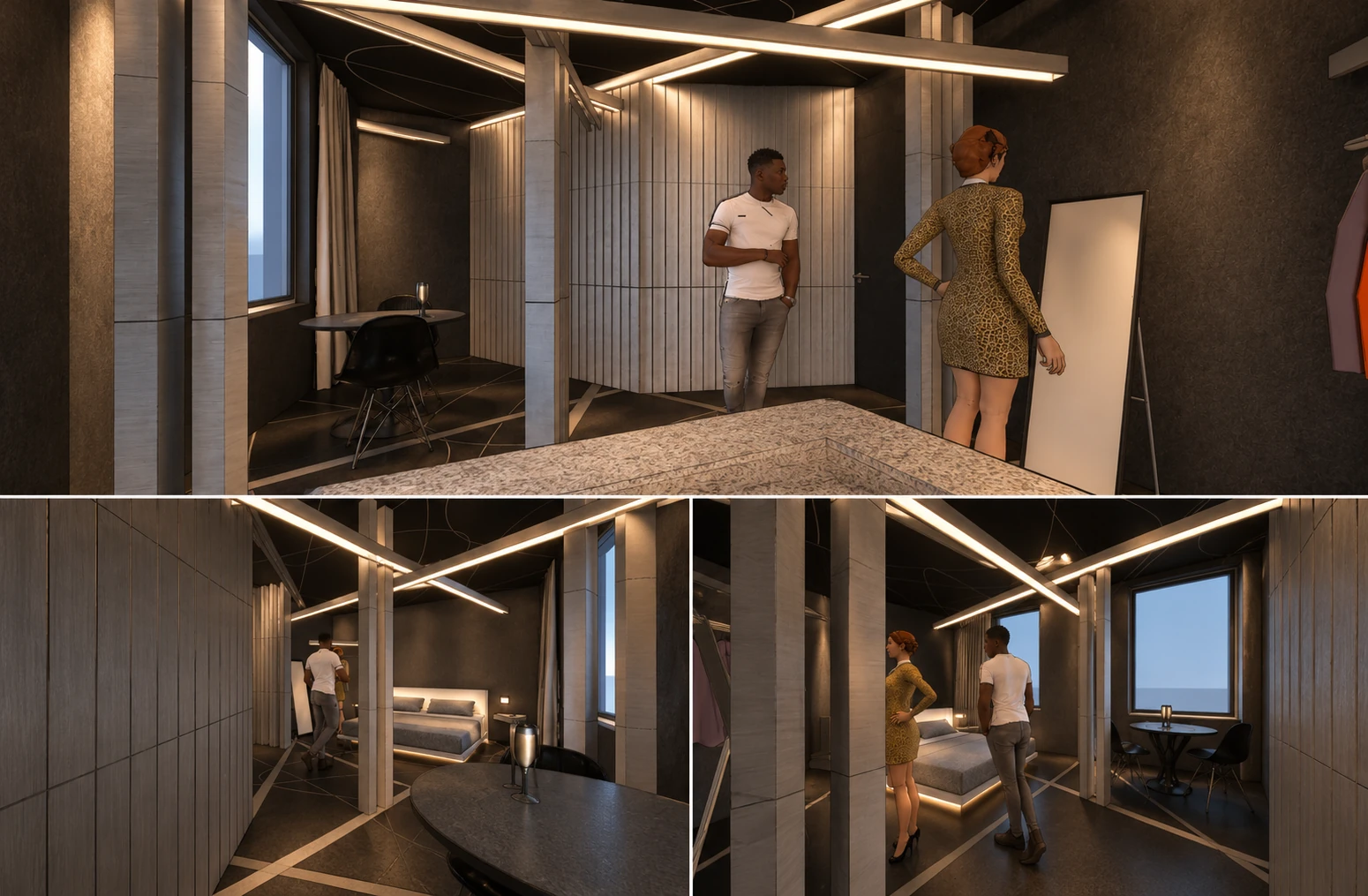 Three photorealistic perspectives showing the interior from different viewpoints