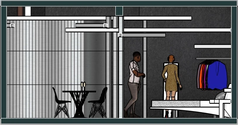 Section view showing seating area, central partition, figures and bed