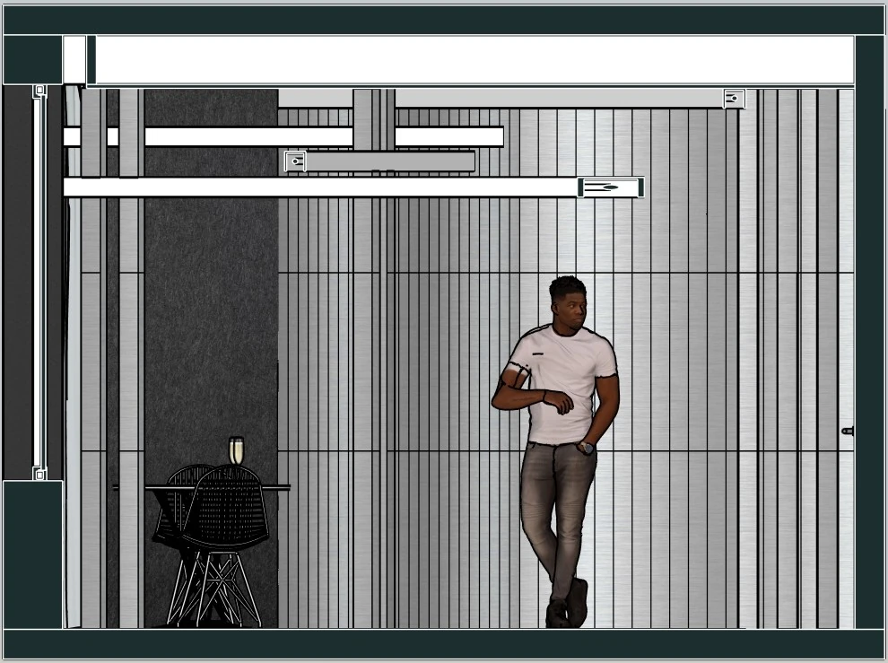 Section view showing the table, linear lighting and vertical partition