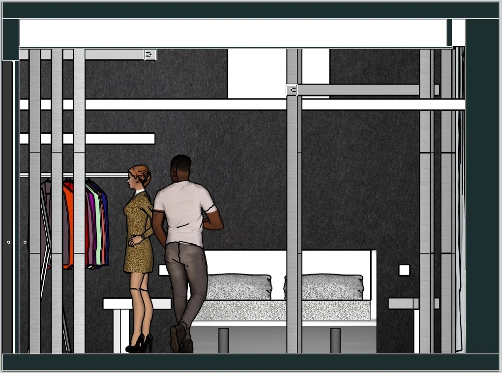 Section view showing wardrobe, bed and linear ceiling lights