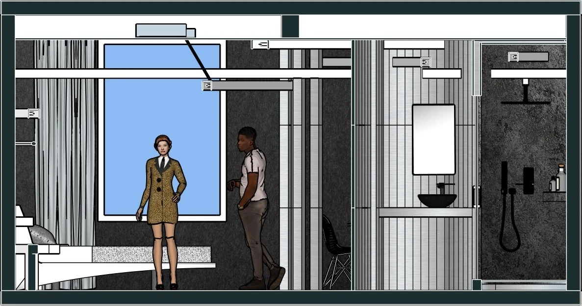 Section view showing window, sleeping area, washbasin and shower