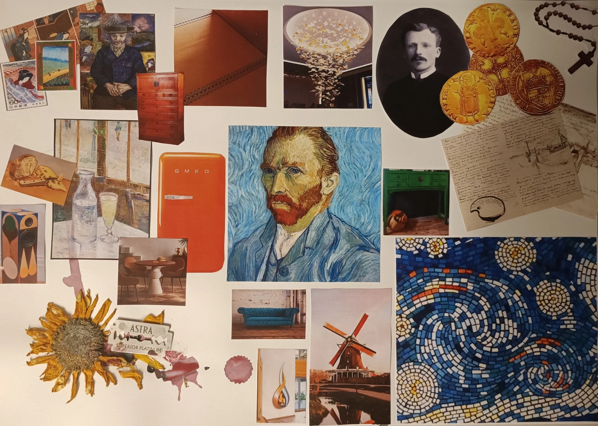Original project moodboard with artwork, colours, materials, furniture and visual references