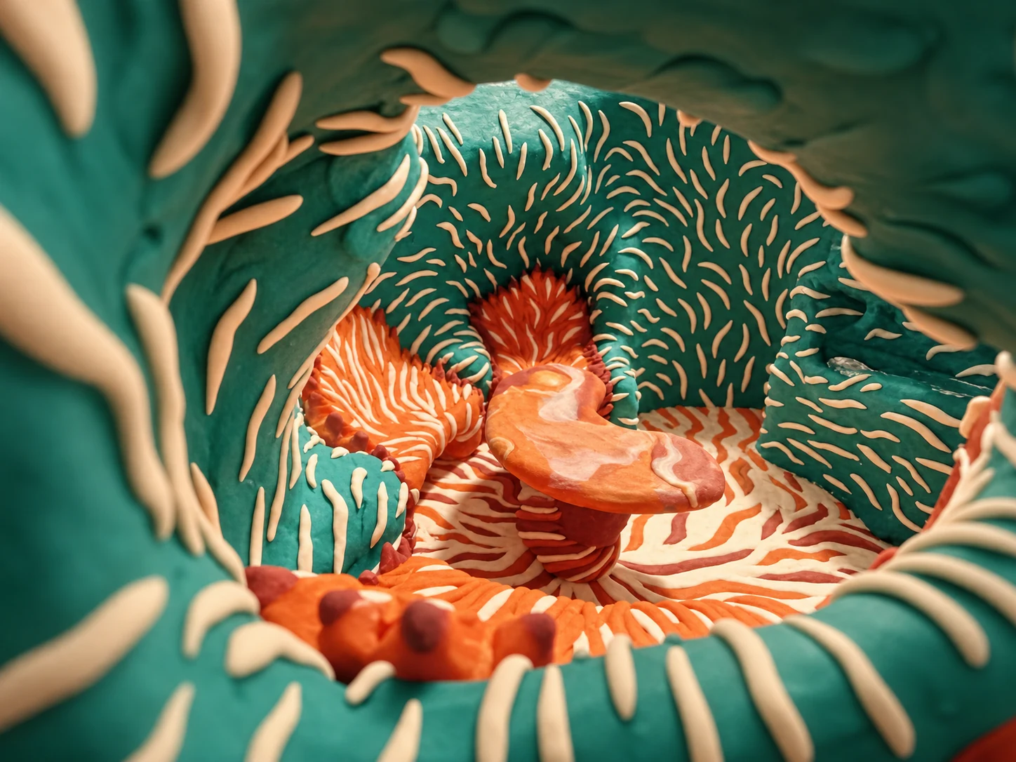 Organic teal and terracotta sculptural model, interior view