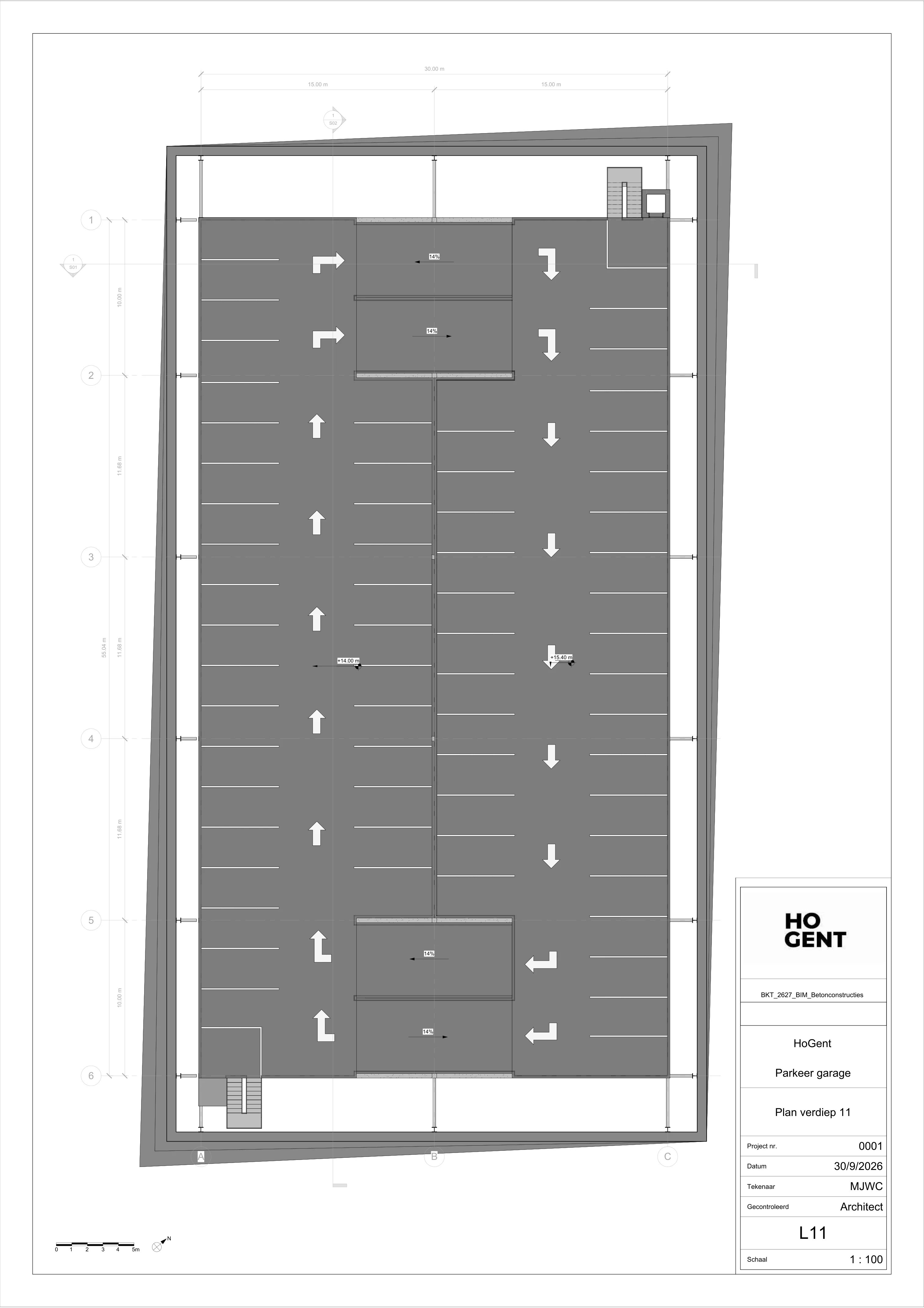 Parking garage level 11 plan with dimensions, directional arrows and ramps