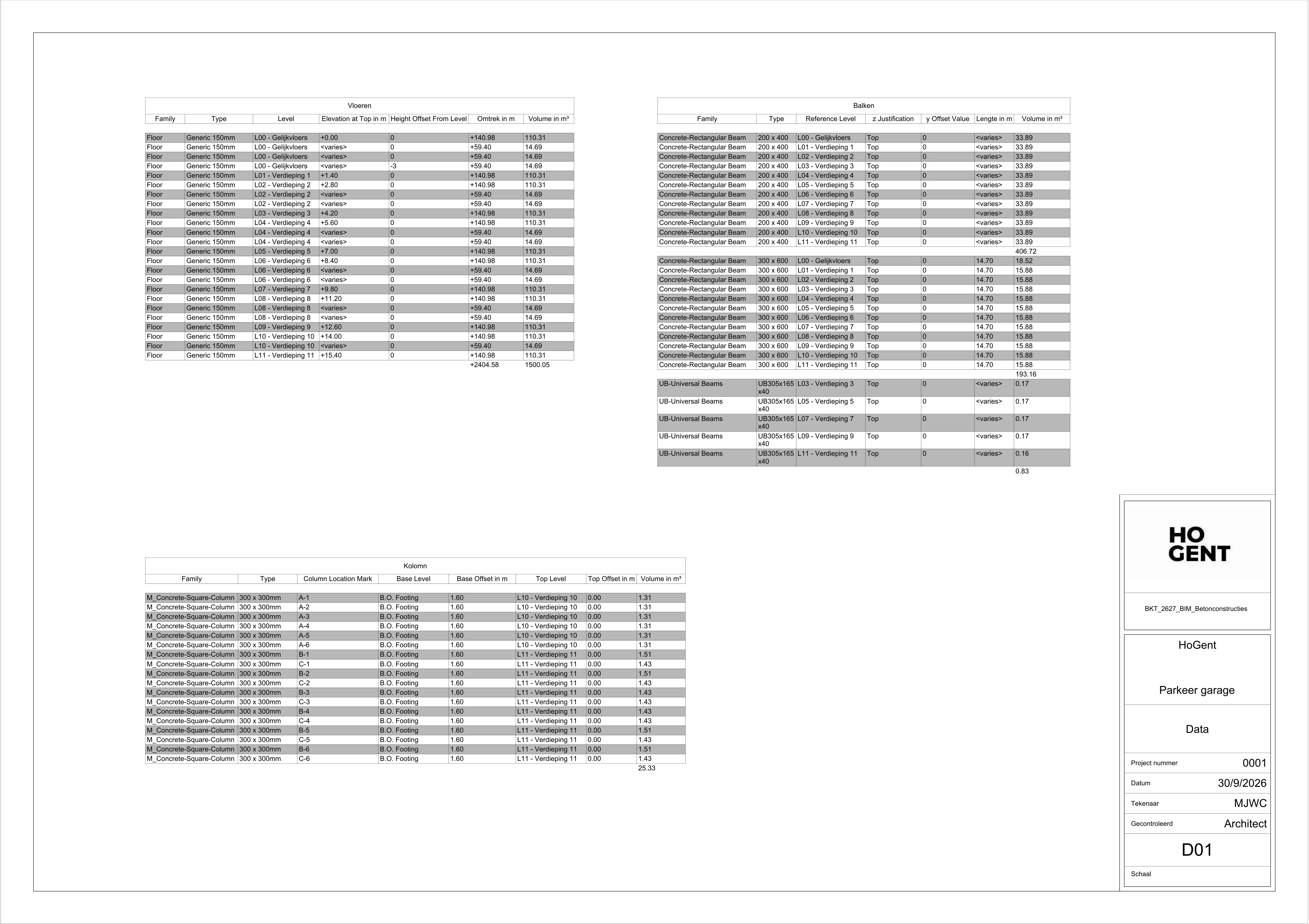 Original BIM data sheet listing floors, concrete beams, steel beams and columns