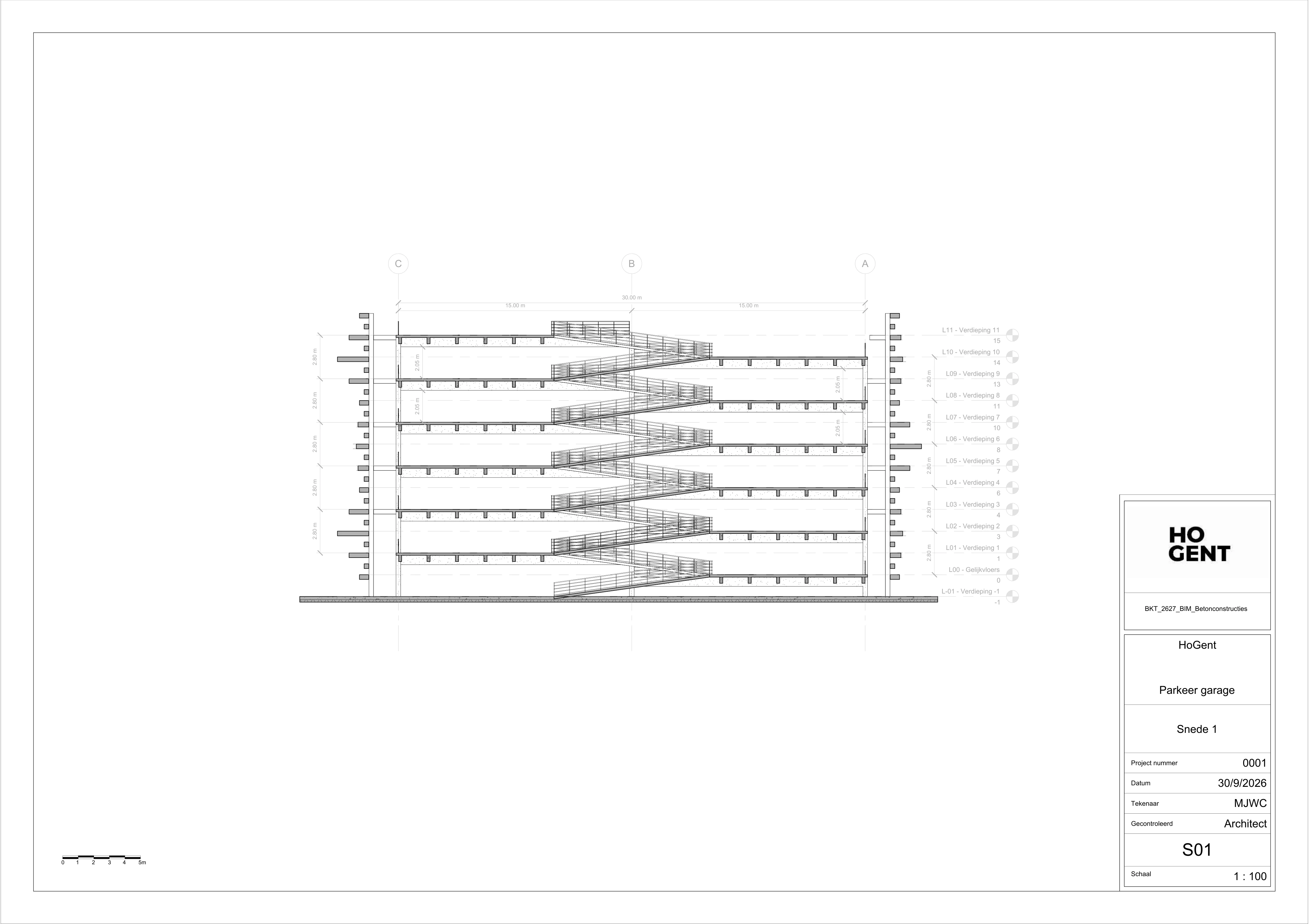 Parking garage cross-section showing split levels and internal ramp circulation