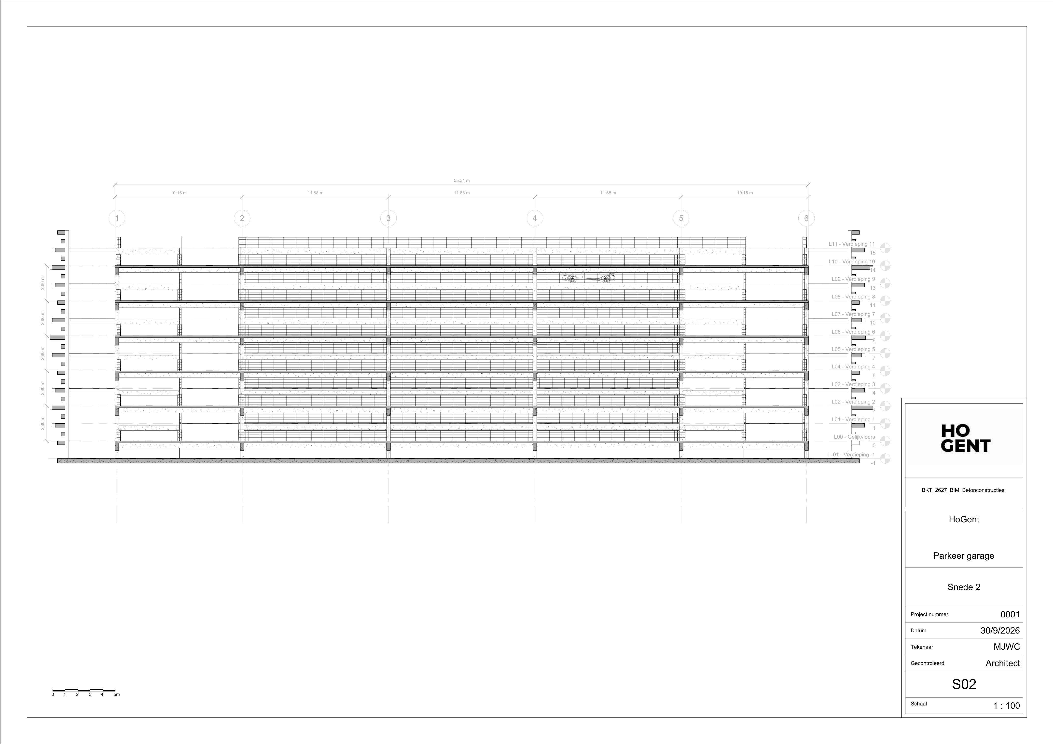 Parking garage longitudinal section showing the multi-level structural organisation