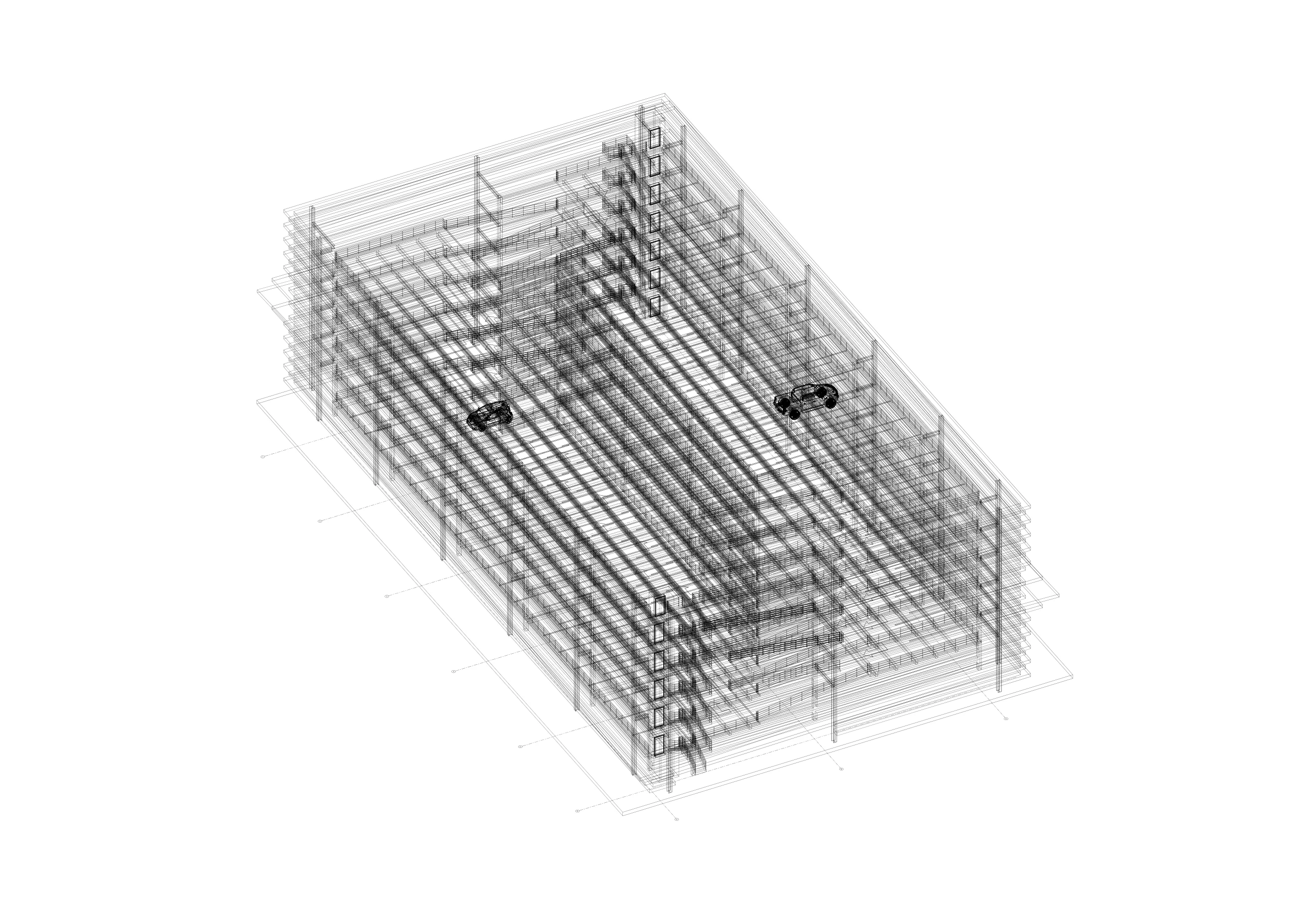 Axonometric wireframe BIM view showing the structural framing, beams, columns and floor levels of the multi-storey parking garage