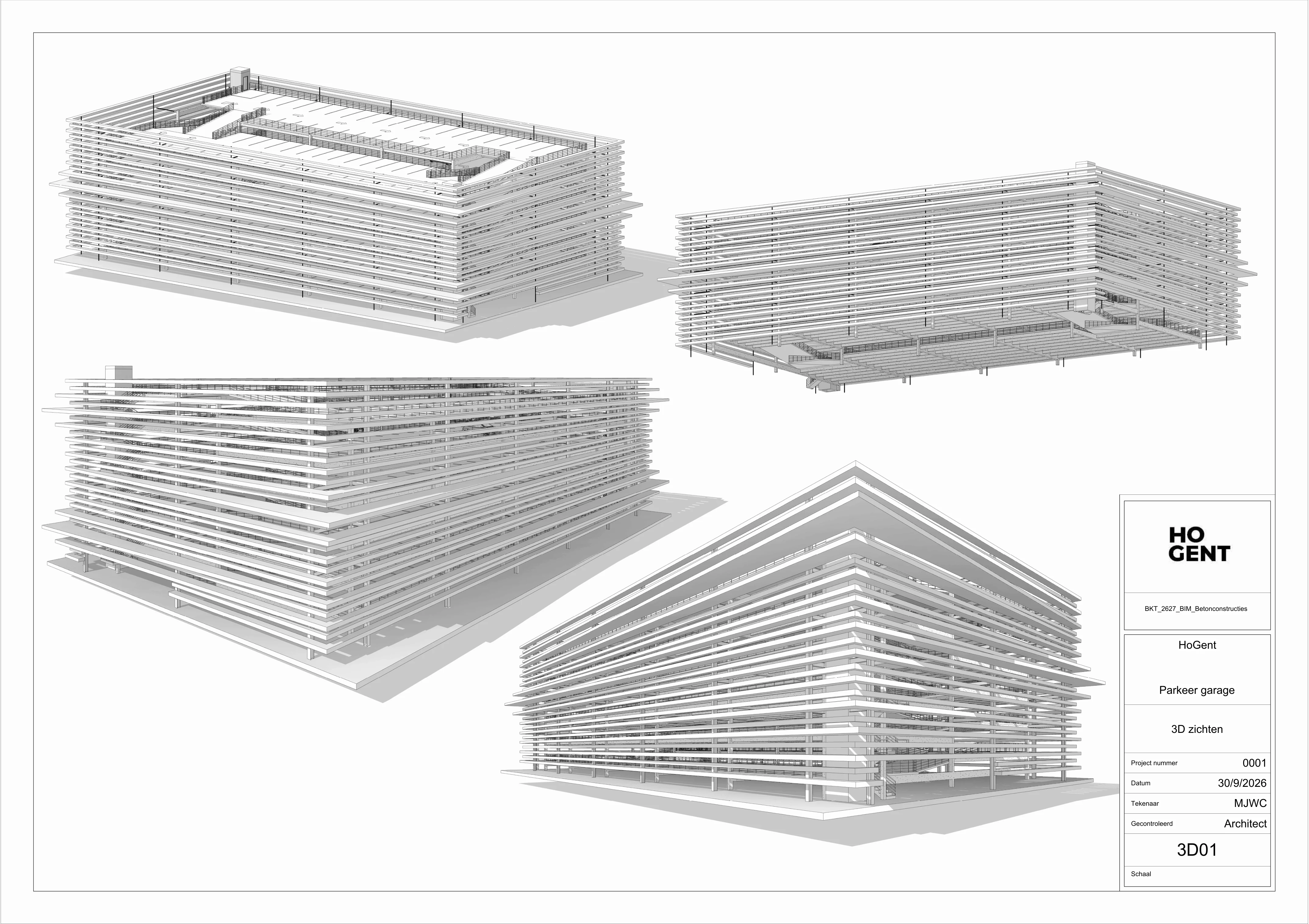 Original HoGent drawing sheet with four 3D views of the parking garage BIM model