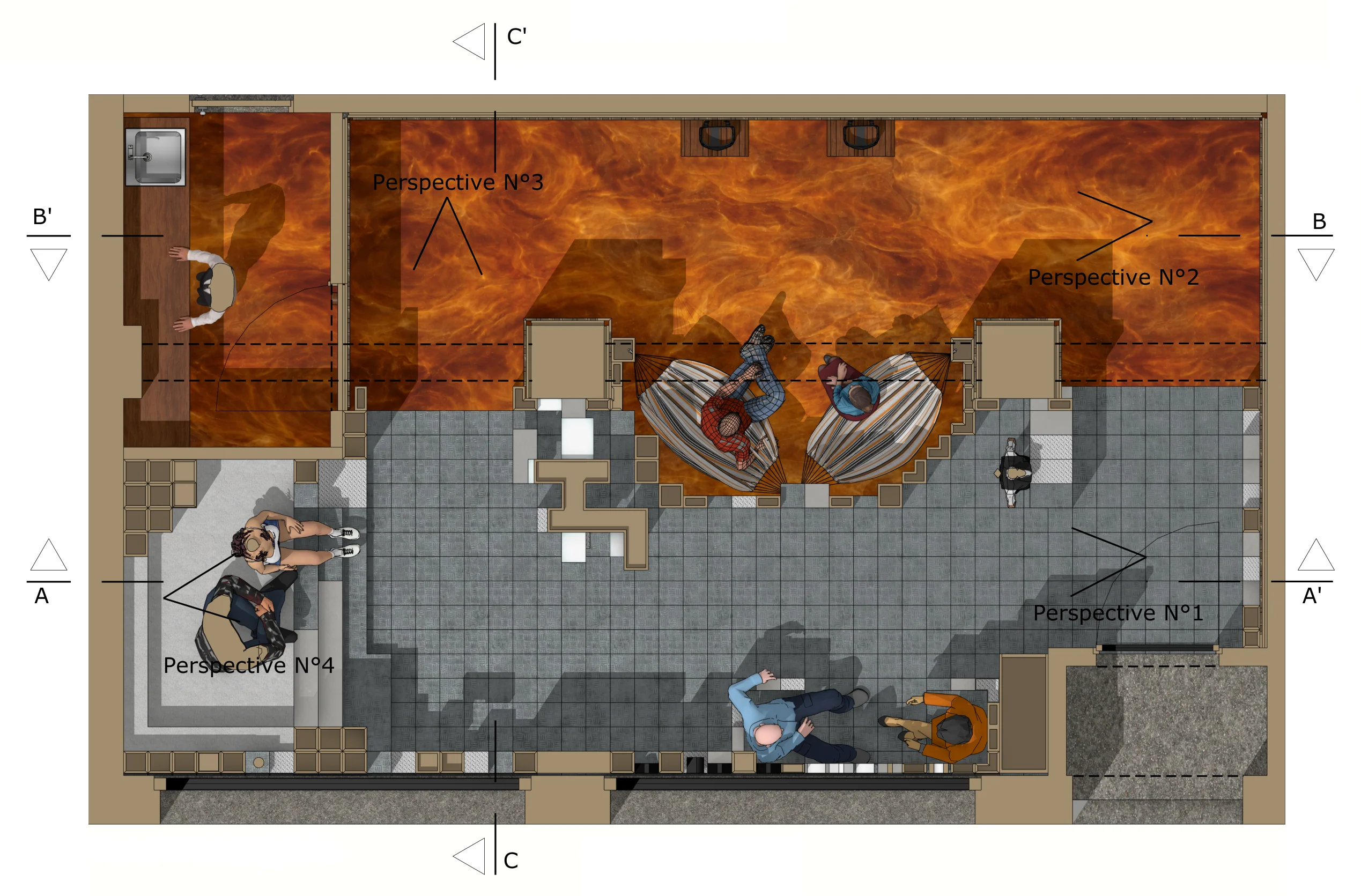 Tribu Urbaine academic presentation floor plan with section references and perspective callouts