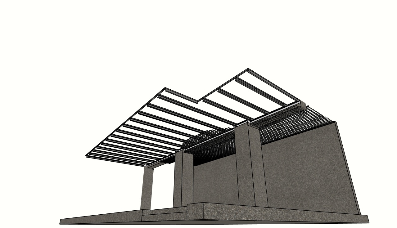 Exposed framing of the ceiling before the panels and suspended volumes are installed