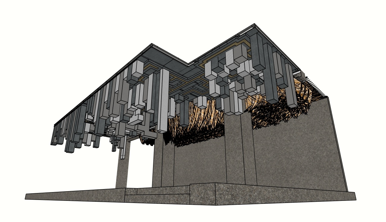 Suspended rectangular volumes evoking an urban skyline, integrated with the ceiling