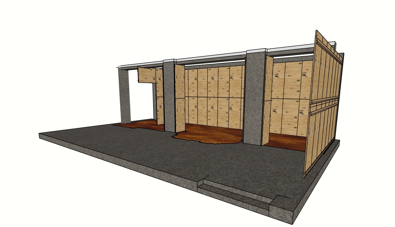 Wood backing panels prepared to support the triangular Cacique wall modules