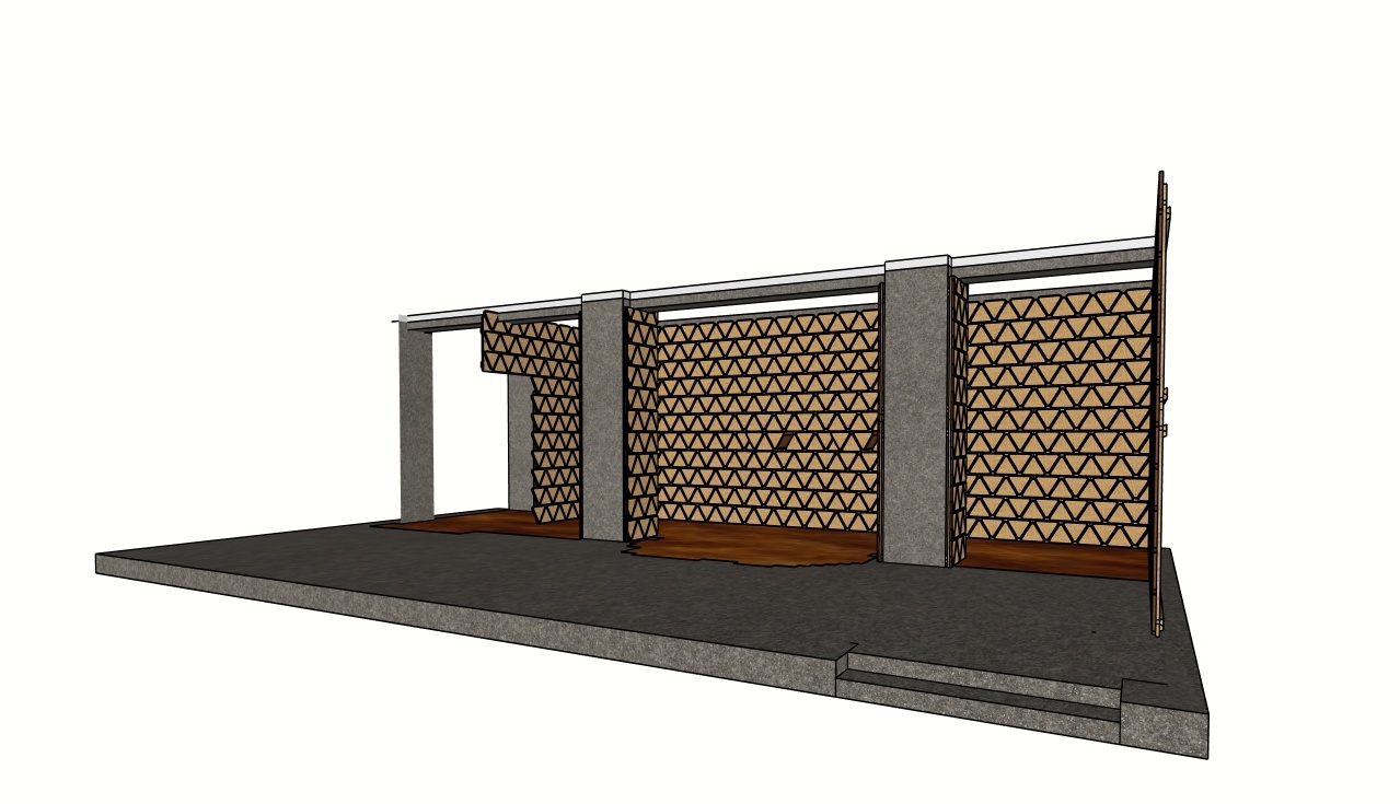 Triangular wall modules installed over the wood backing, inspired by the Cacique logo